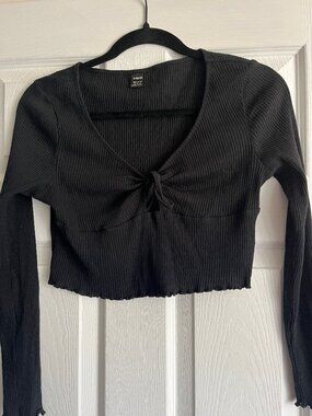 Long Sleeve Ribbed Black X Large Crop Shein Tie Front Cropped Top Shirt